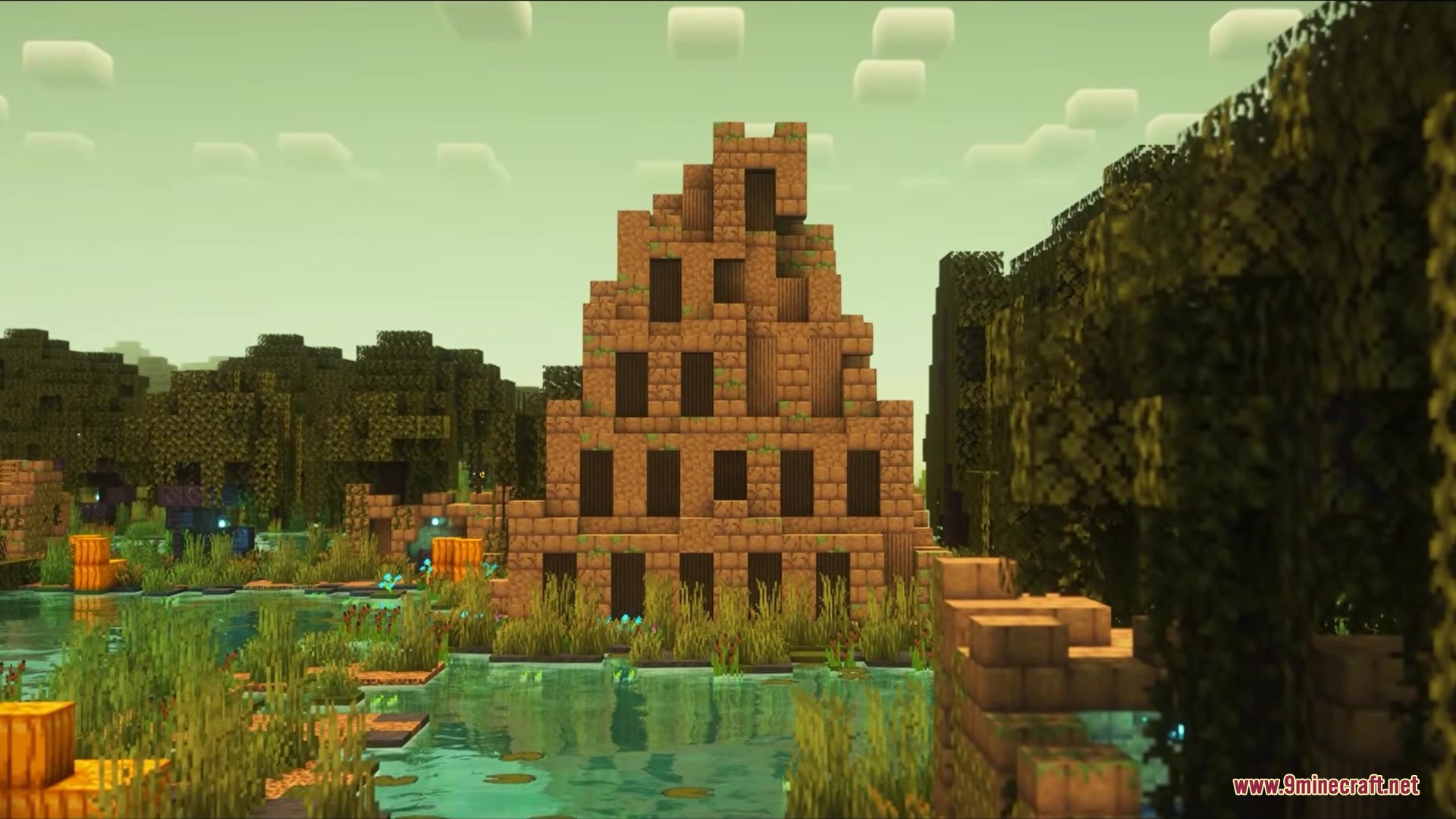 Impillagers Mod Screenshot 3 A large mud brick pyramid structure stands in a swampy Minecraft biome