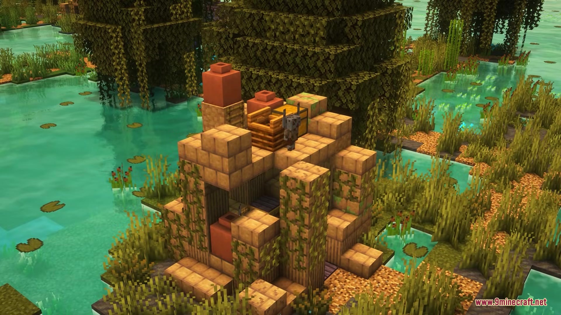 Impillagers Mod Screenshot 5 A small structure made of mud bricks stands in a swamp biome