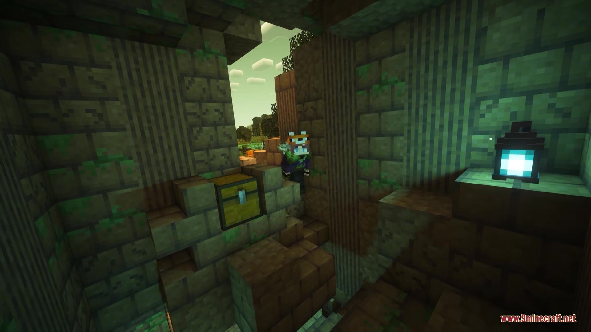 Impillagers Mod Screenshot 6 A player stands inside a mossy brick room with a soul lantern