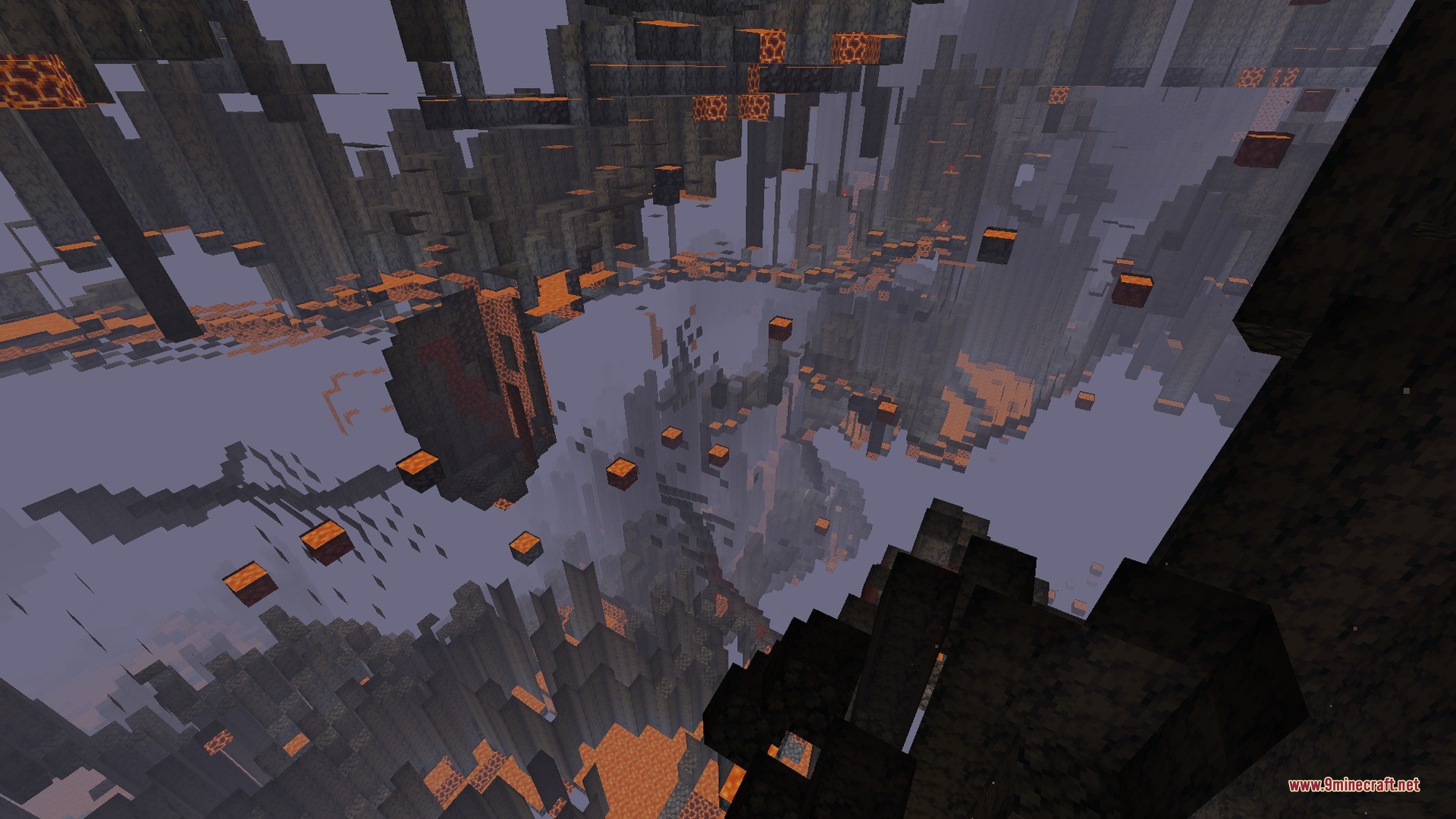 Incendium Legacy Data Pack Screenshot 3 A vast Nether landscape with floating platforms and lava pools in Minecraft