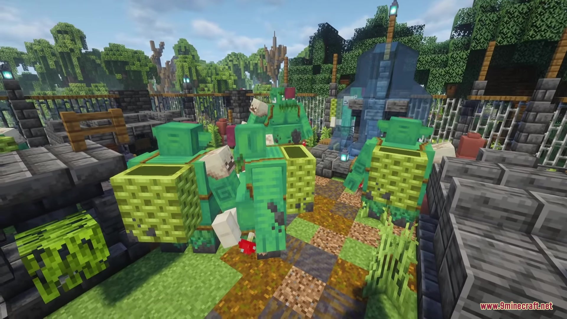 Inhabitants Mod Screenshot 1 Several green Bogre creatures with woven baskets standing in a swampy garden
