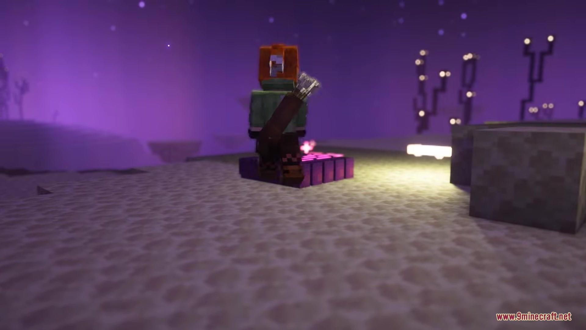 Inhabitants Mod Screenshot 12 A player character stands on a purple Warped Clam in the End dimension