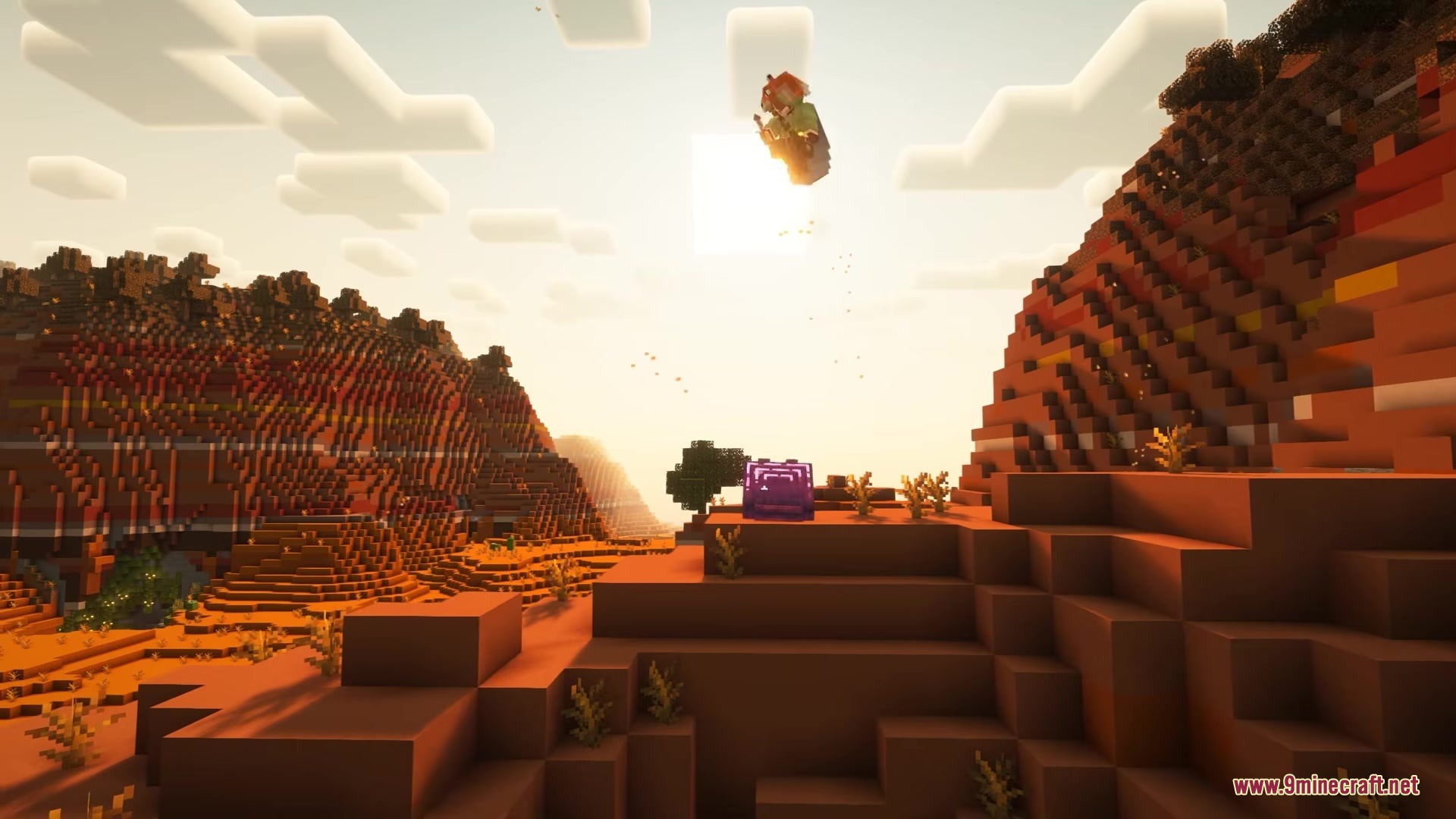 Inhabitants Mod Screenshot 13 A purple Warped Clam launches a player high into the air at sunset