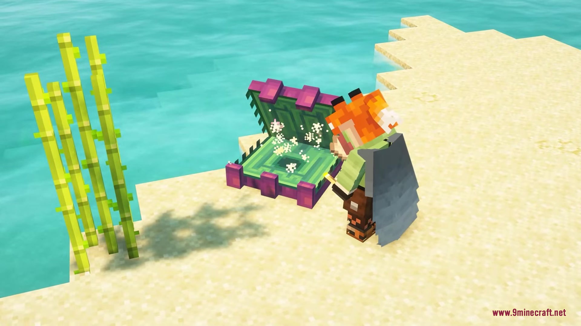 Inhabitants Mod Screenshot 14 A player uses a brush to collect Ender Pearls from a Warped Clam