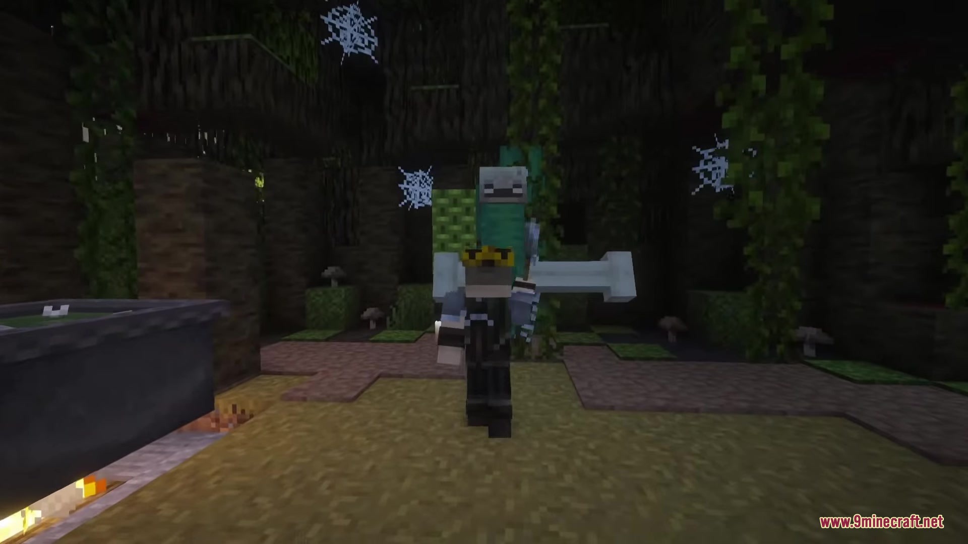 Inhabitants Mod Screenshot 2 A player character holding a massive bone club in a dark swamp biome