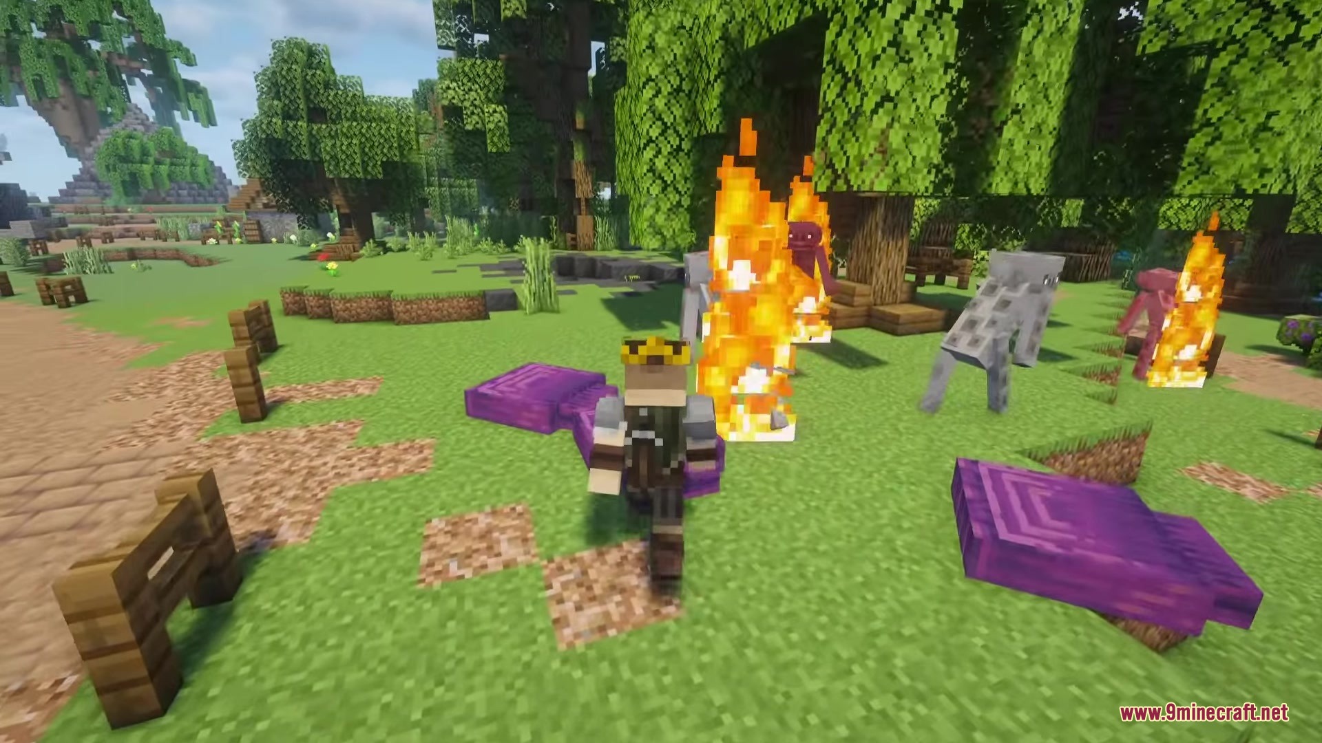 Inhabitants Mod Screenshot 3 A Minecraft player walks past purple Warped Clams while mobs burn in sunlight