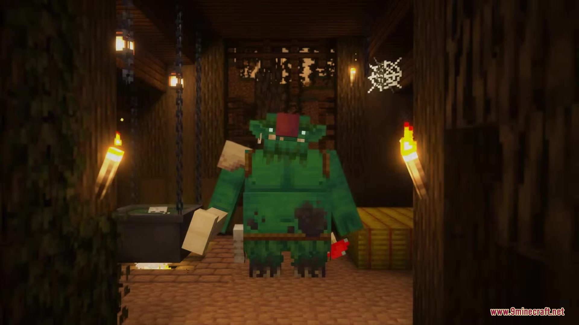 Inhabitants Mod Screenshot 6 A green Bogre creature stands near a cauldron in a wooden room
