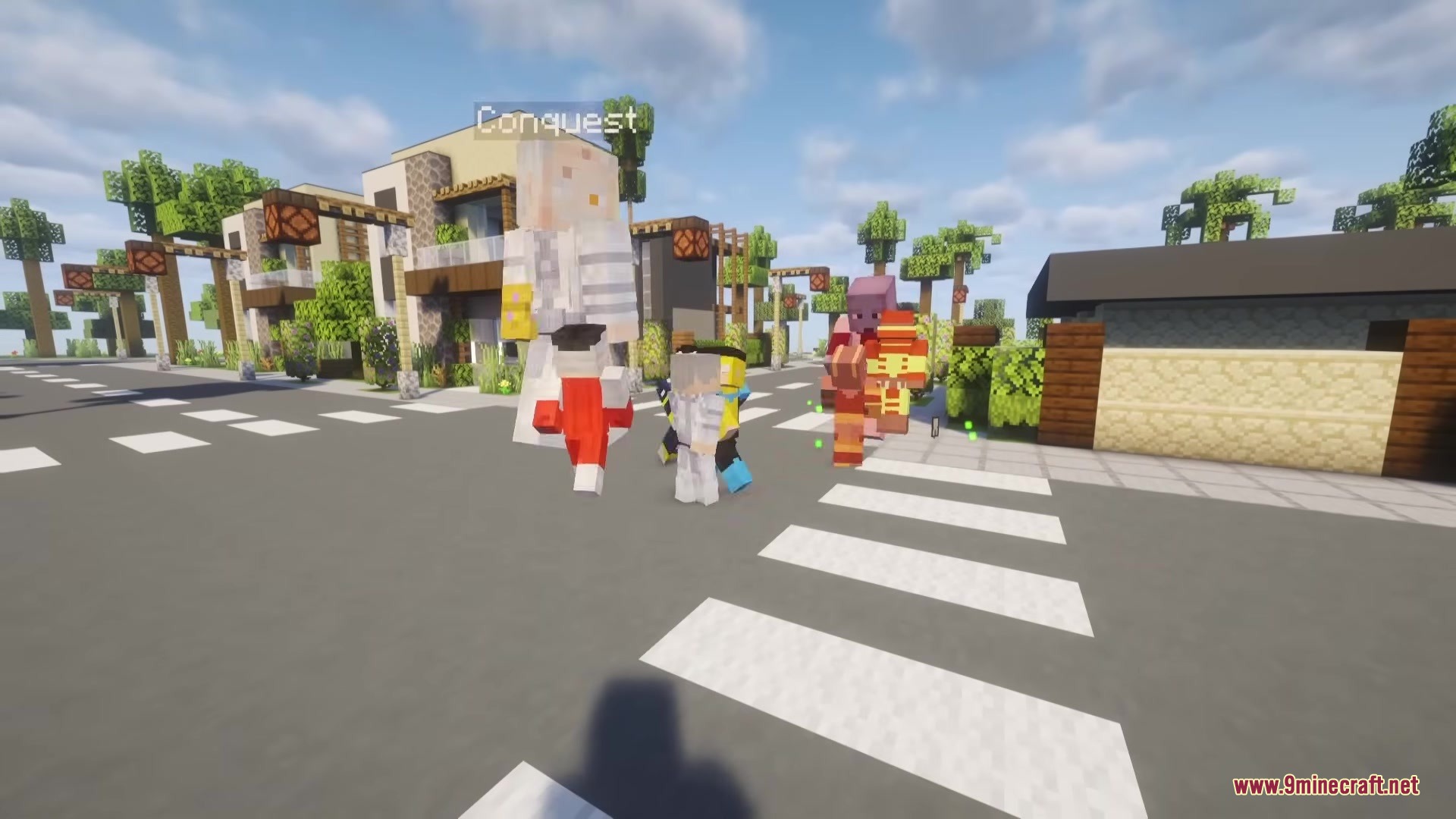 Invincible Incorporated Mod Screenshot 4 Different superhero characters gathered on a crosswalk in a modern Minecraft city