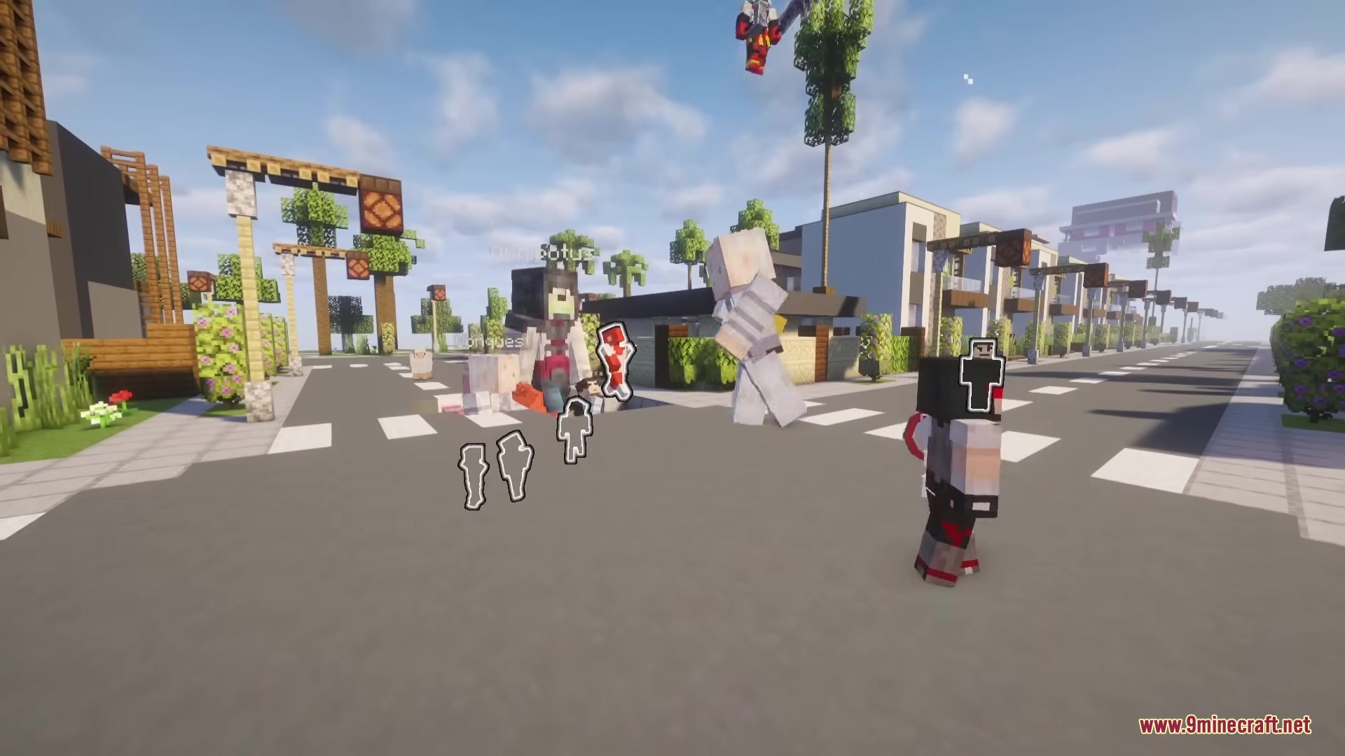 Invincible Incorporated Mod Screenshot 5 A giant mob named Omnipotus towers over a modern Minecraft city street