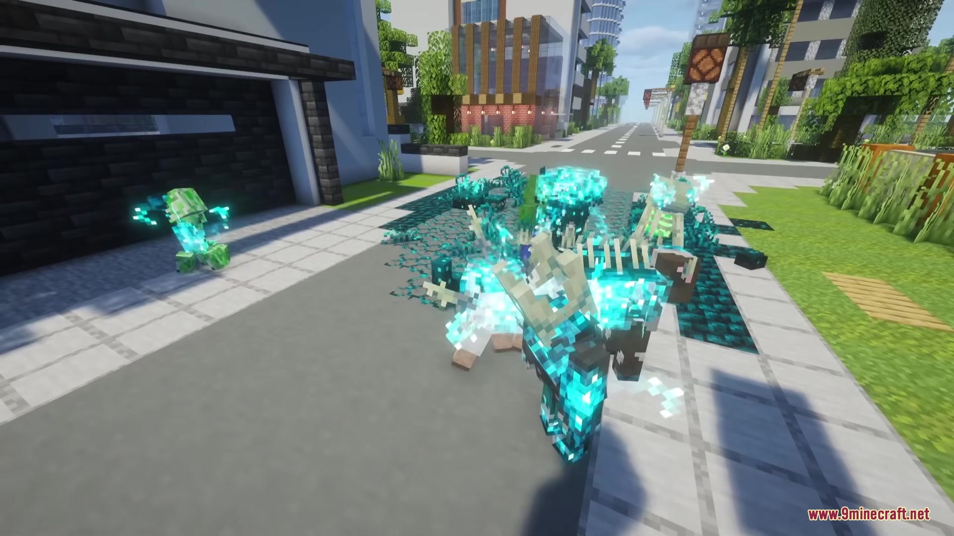 Invincible Incorporated Mod Screenshot 8 Minecraft mobs are infused with glowing teal energy on a modern city road