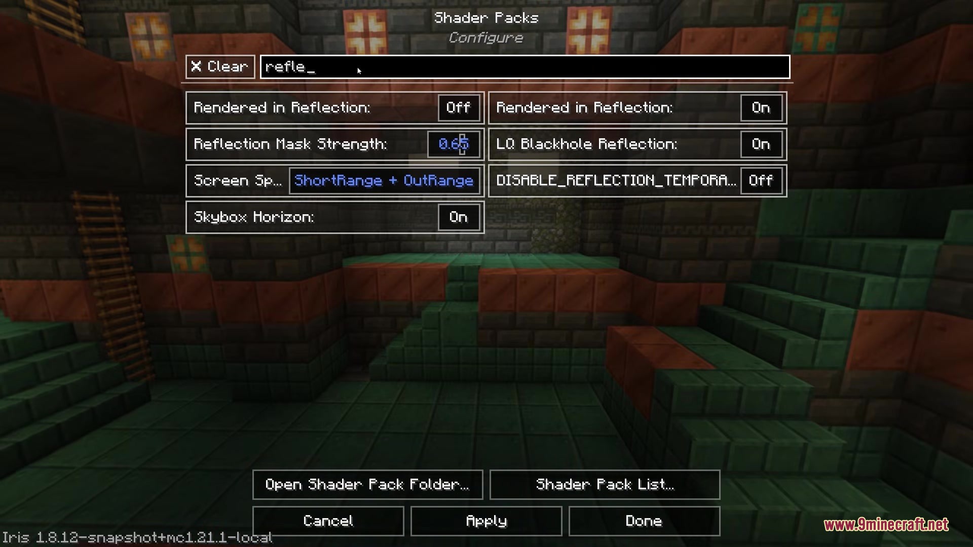 Iris & Oculus Search Mod Screenshot 2 A search bar filters the shader menu to show only reflection settings