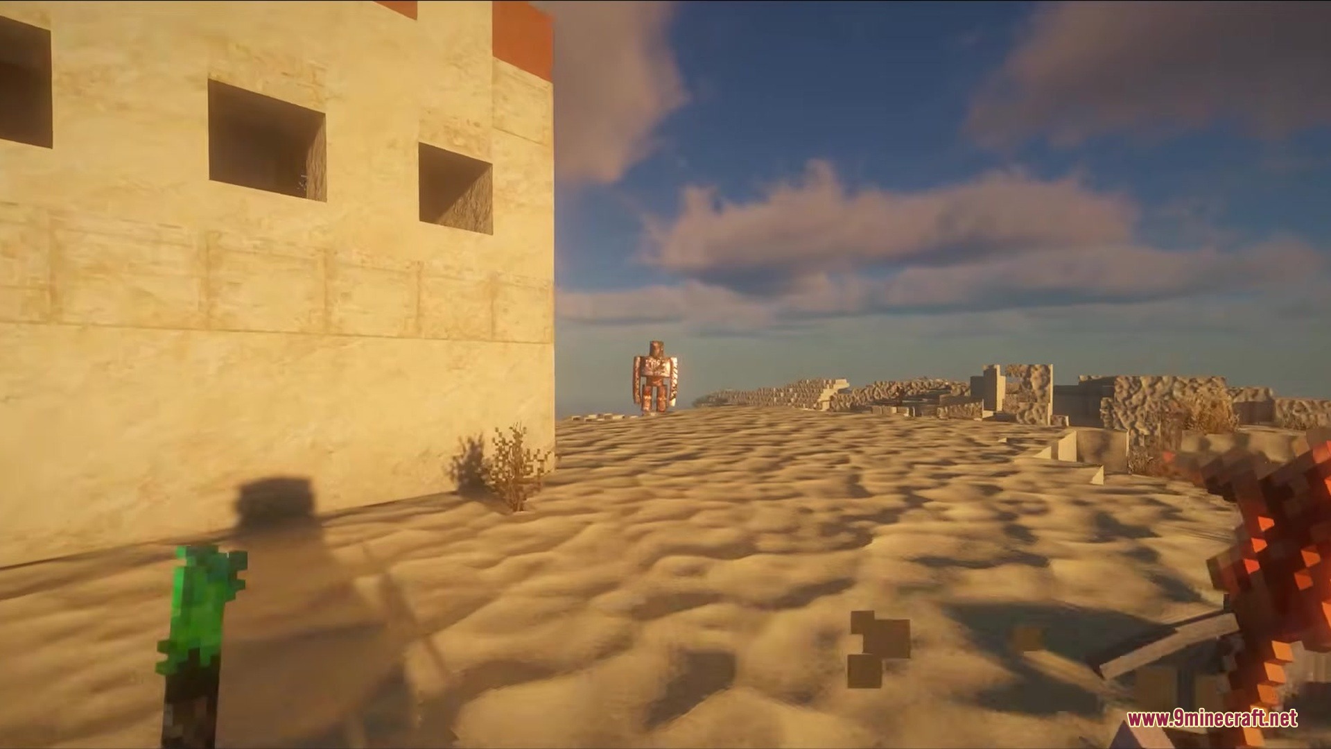 Iris & Oculus Search Mod Screenshot 3 A desert scene with a sandstone building and a distant mob using shaders