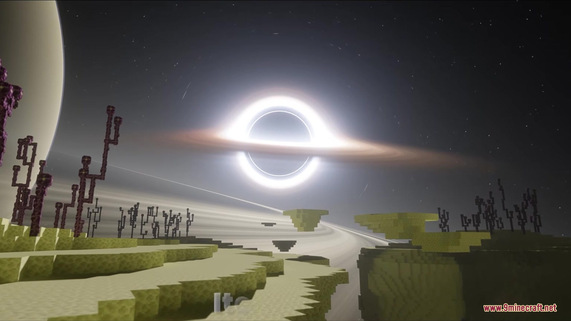 Iris & Oculus Search Mod Screenshot 4 A glowing black hole appears in the sky over floating islands in Minecraft