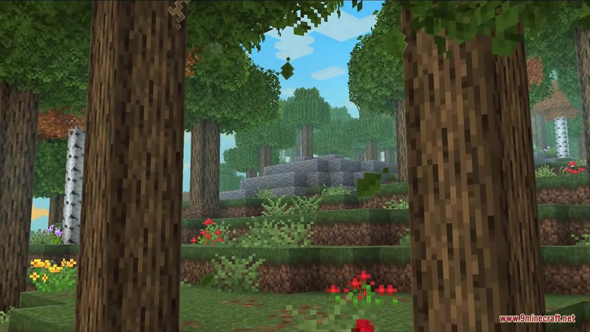 Iris & Oculus Search Mod Screenshot 5 A scenic Minecraft forest view featuring tall oak trees and vibrant wildflowers