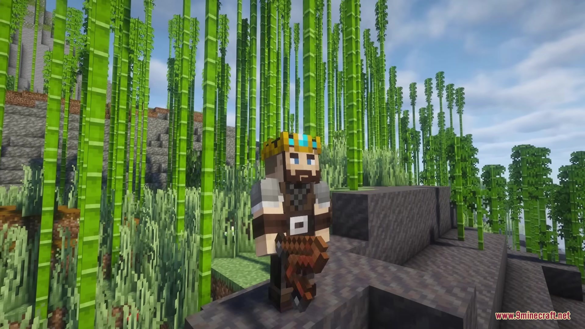 Crowned player character holds a unique weapon from Jaams Weaponry in bamboo forest