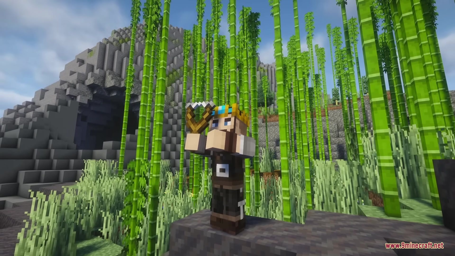A Minecraft character aims a slingshot while standing in a dense bamboo forest