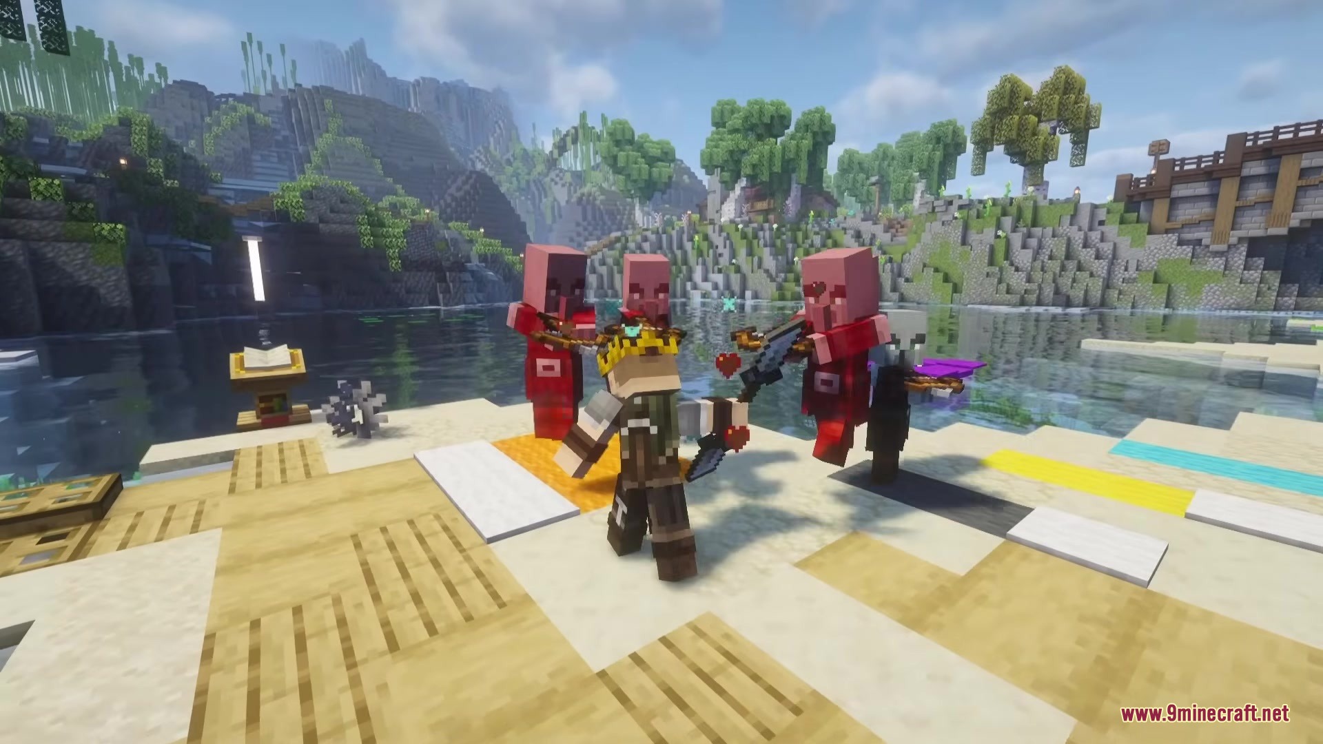 The player battles hostile mobs using a new weapon near the water