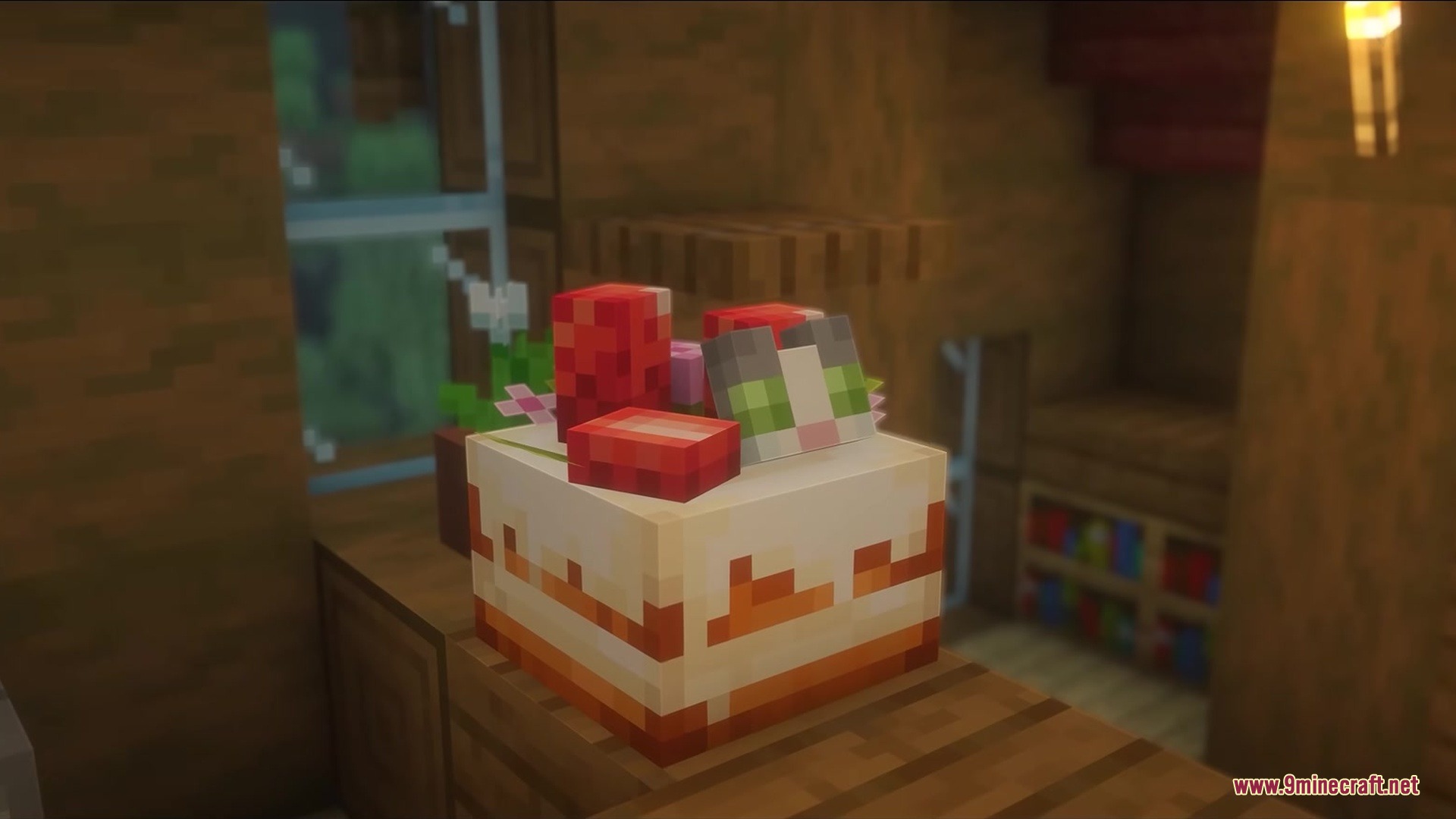 Jellie Cake Resource Pack Screenshot 1 A Minecraft cake featuring a Jellie cat face and red fruit toppings
