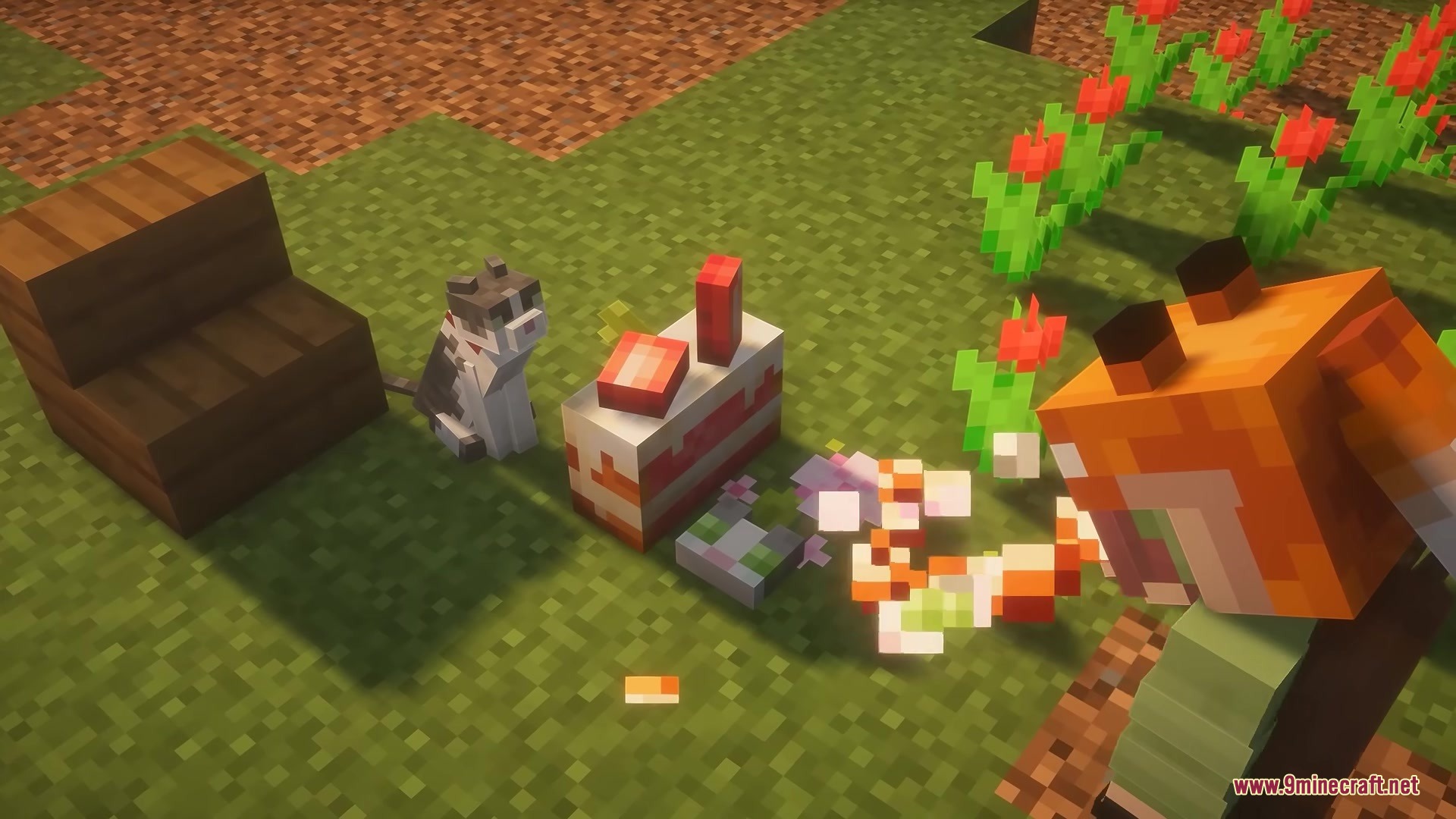 Jellie Cake Resource Pack Screenshot 3 A player and a cat stand near a strawberry cake and flowers