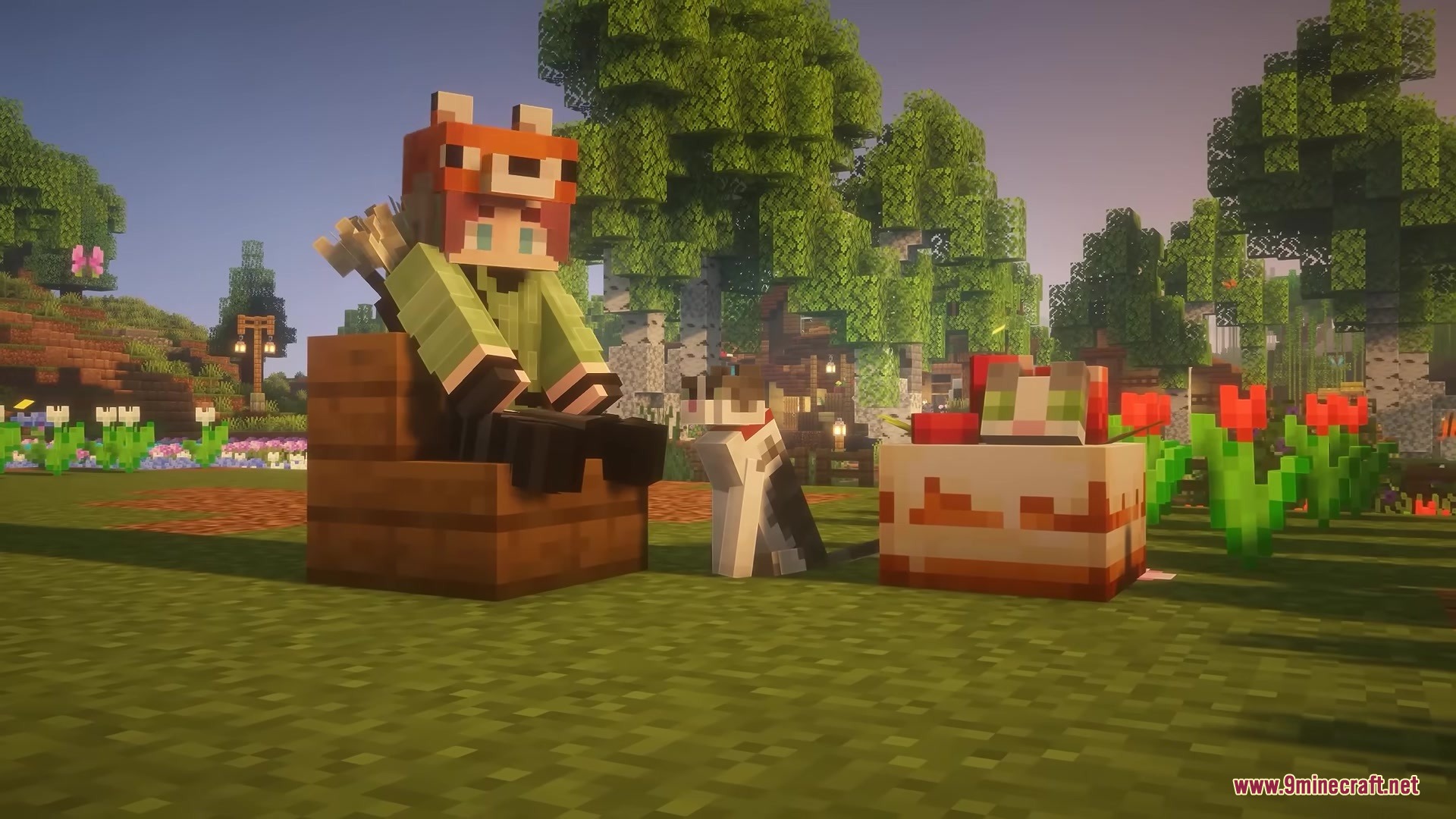 Jellie Cake Resource Pack Screenshot 5 Minecraft character sitting on a wooden chair next to a cat and cake