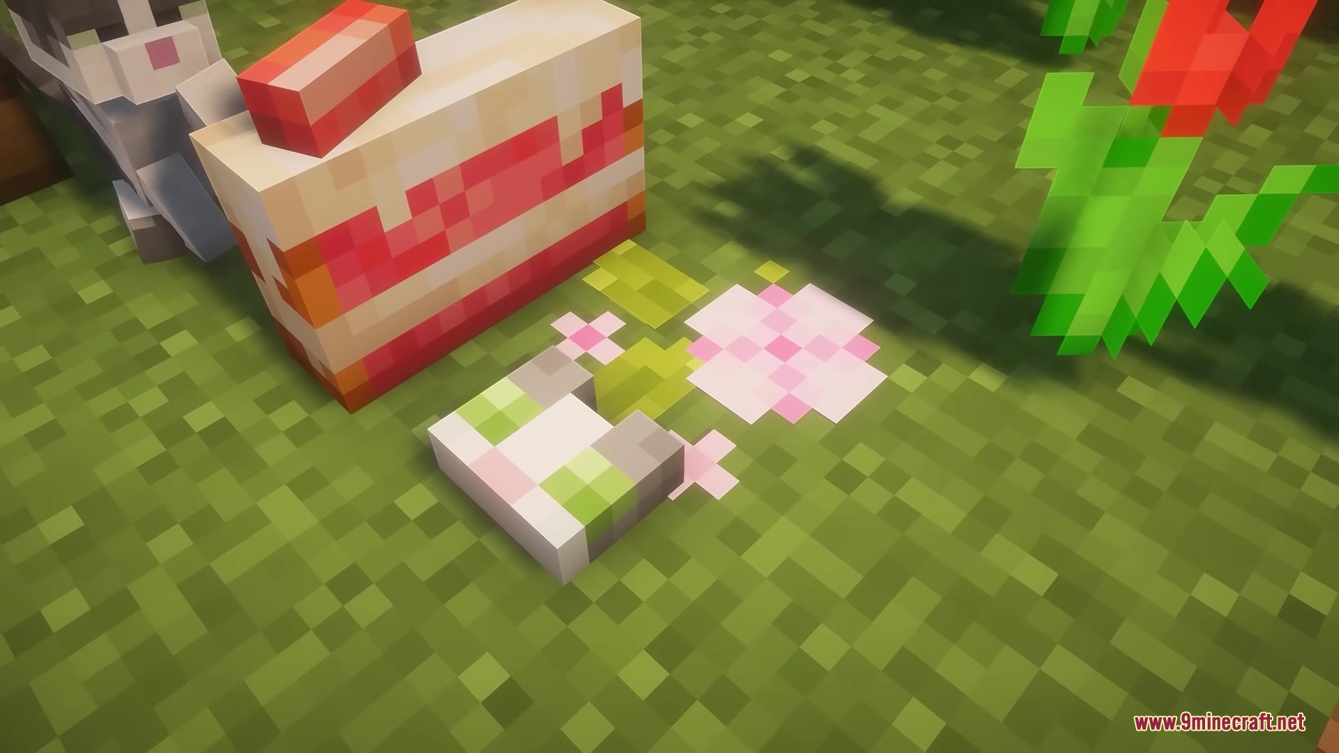 Jellie Cake Resource Pack Screenshot 6 Close up of a Jellie themed cake and a slice on the grass