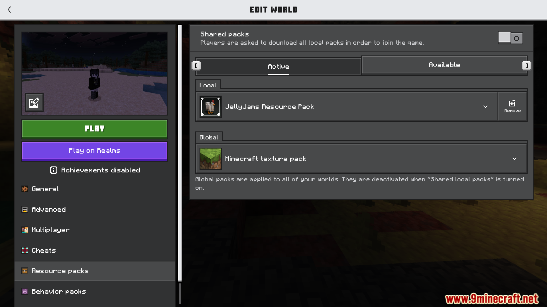JellyJams Texture Pack Screenshot 1 Minecraft menu interface showing the active JellyJams Resource Pack in world settings
