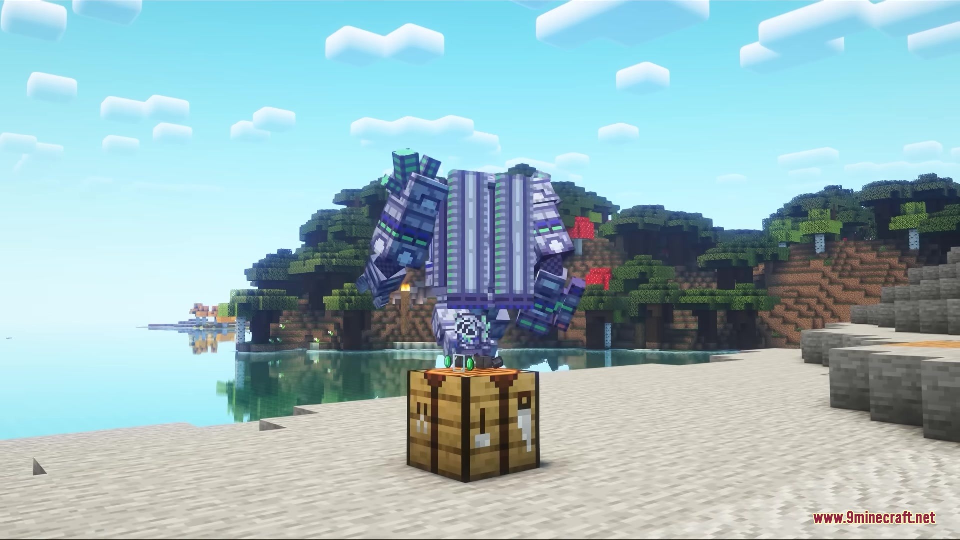 Jim Mech Mod Screenshot 1 A massive mechanical robot stands on a crafting table near the beach