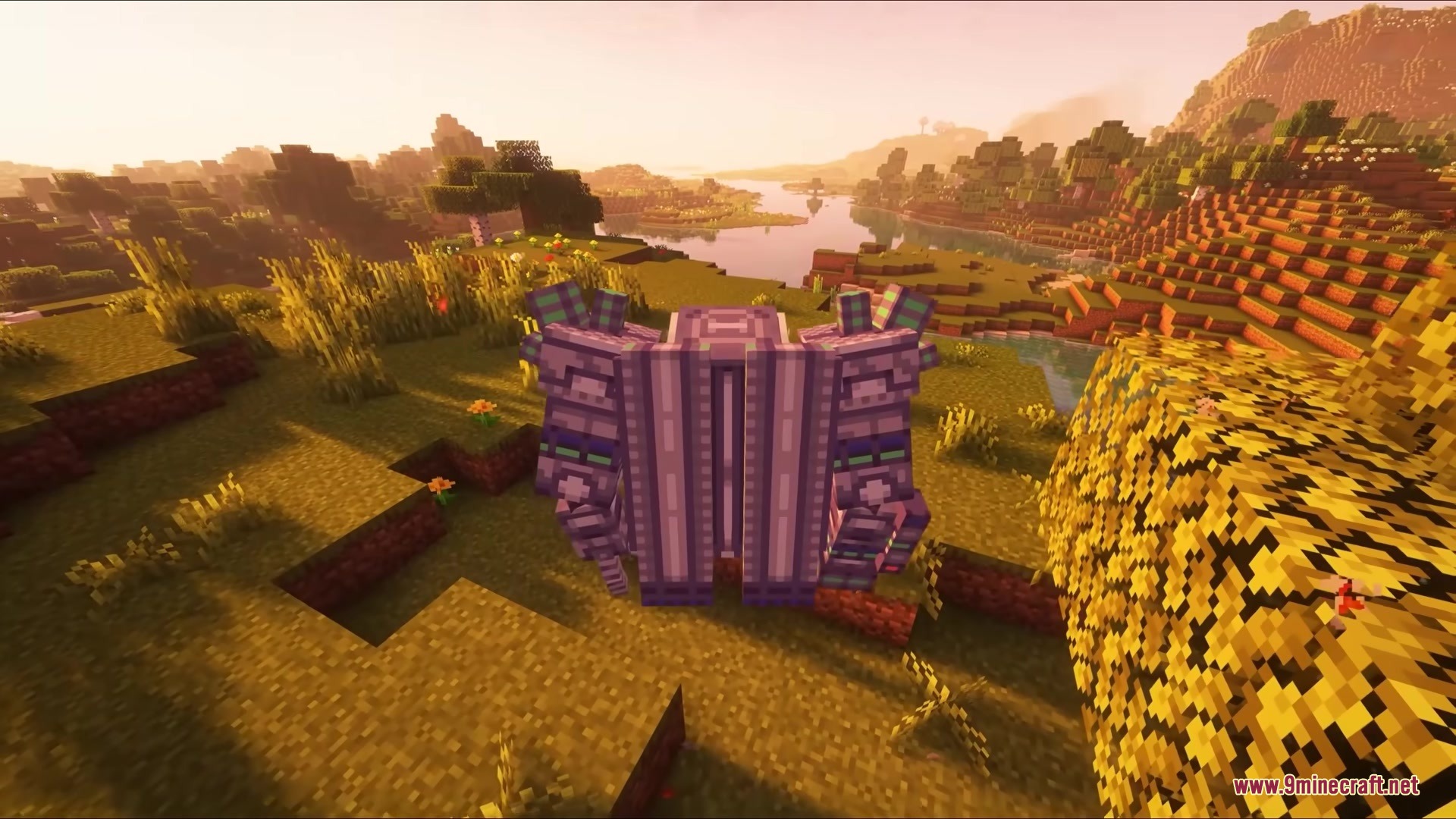 Jim Mech Mod Screenshot 11 A massive purple robot from the Jim Mech Mod in a grassy field