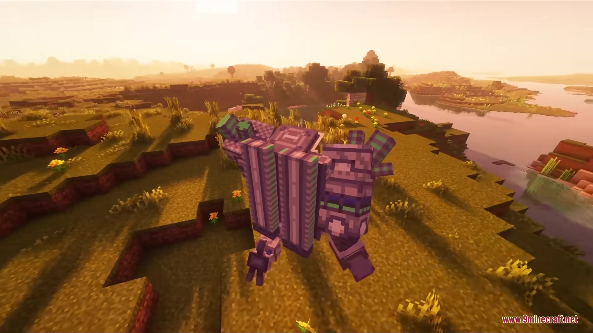 Jim Mech Mod Screenshot 12 The mechanical suit standing near a river in a scenic Minecraft landscape
