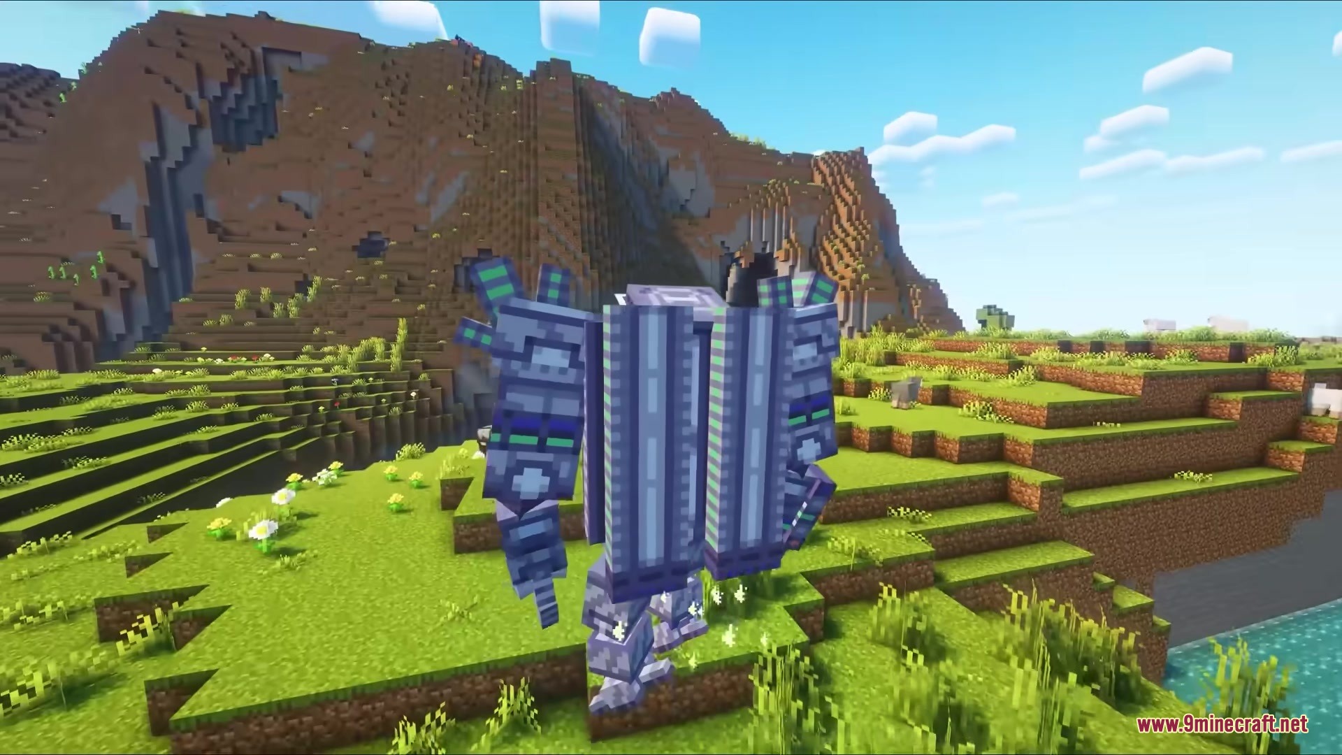 Jim Mech Mod Screenshot 13 A massive blue Jim Mech robot standing on a grassy hill