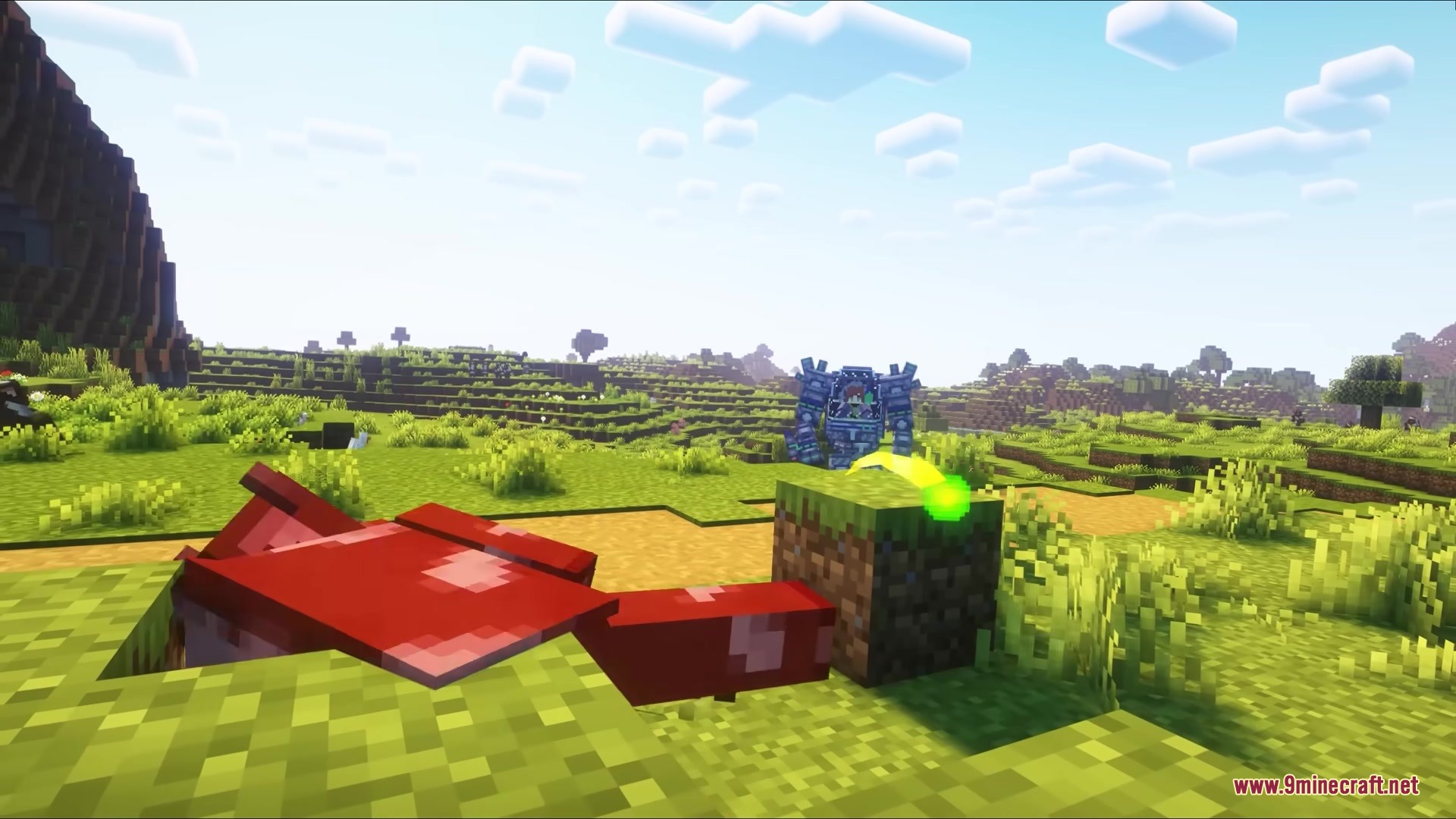 Jim Mech Mod Screenshot 15 A player piloting a blue mechanical suit in a peaceful grassy Minecraft field