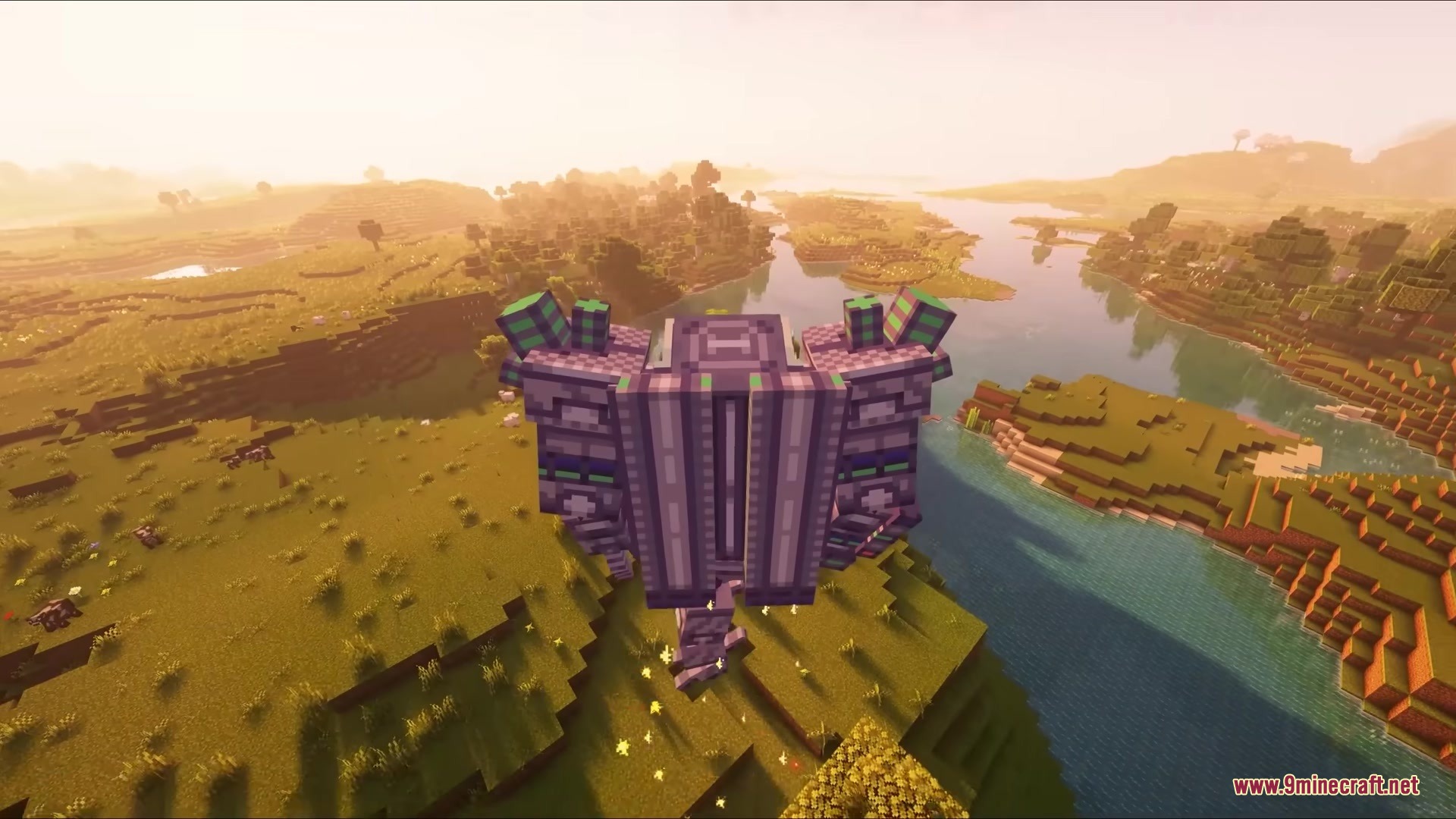 Jim Mech Mod Screenshot 4 A large mechanical robot suit flying over a river using its jetpack thrusters