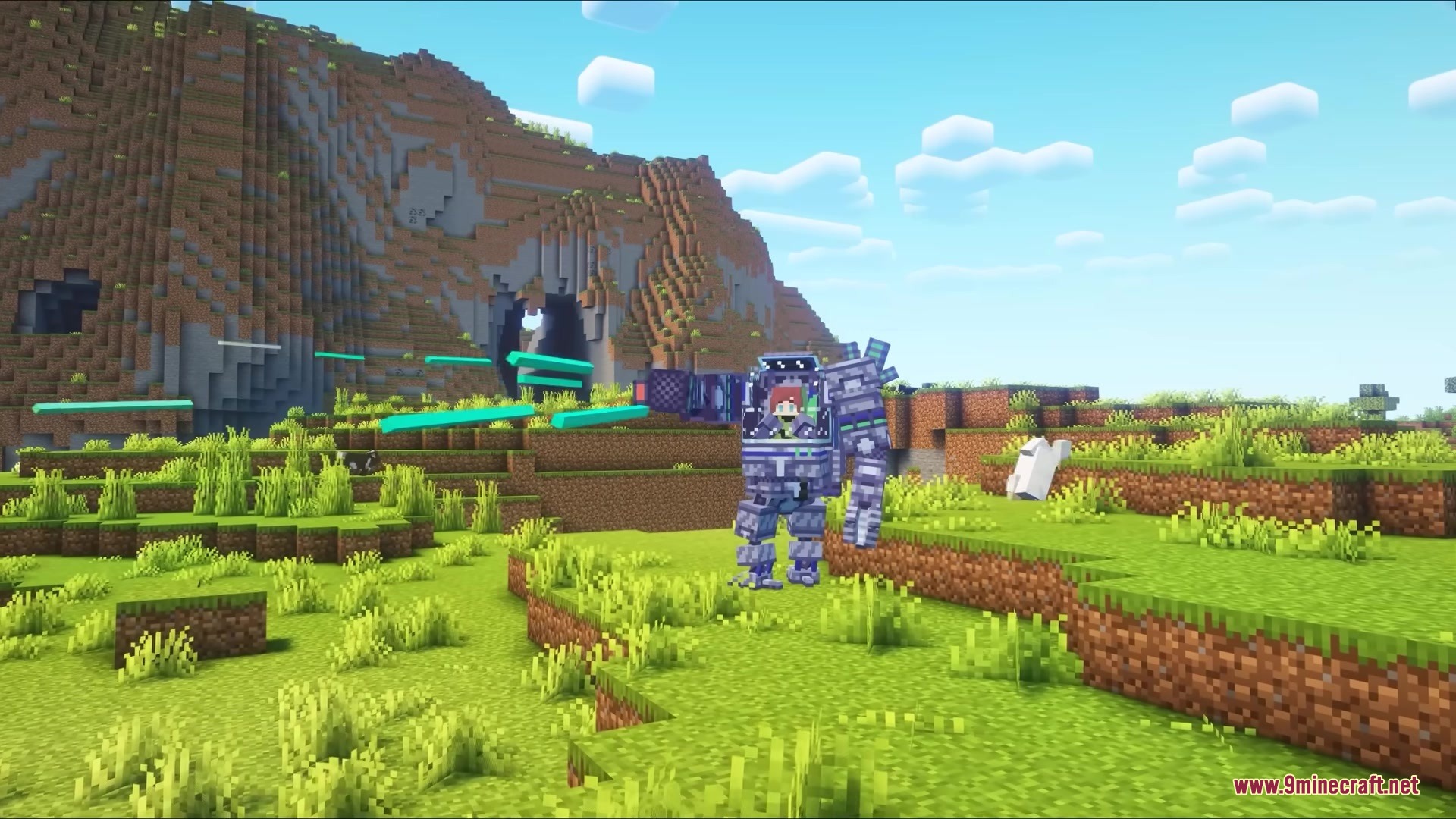 Jim Mech Mod Screenshot 8 A player controls a large blue robot firing projectiles near a mountain cave