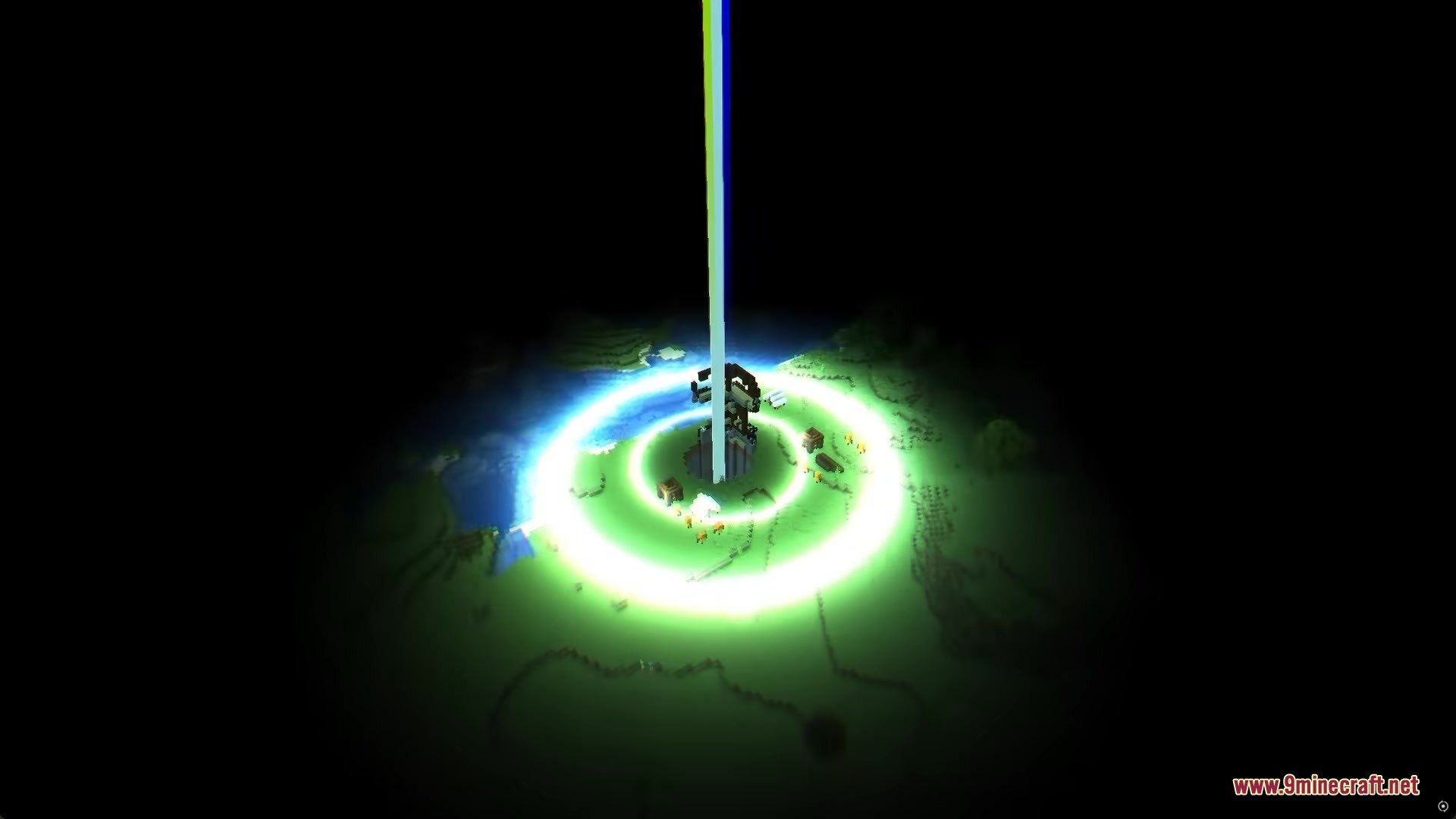 Jim Mech Mod Screenshot 9 A glowing green energy ring and a vertical beam of light at night