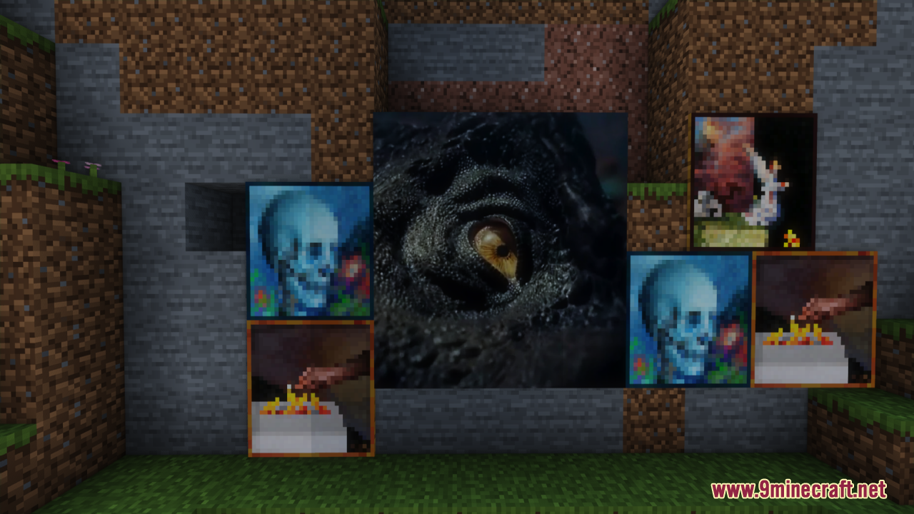 Detailed dinosaur eye painting surrounded by other artwork on a stone wall