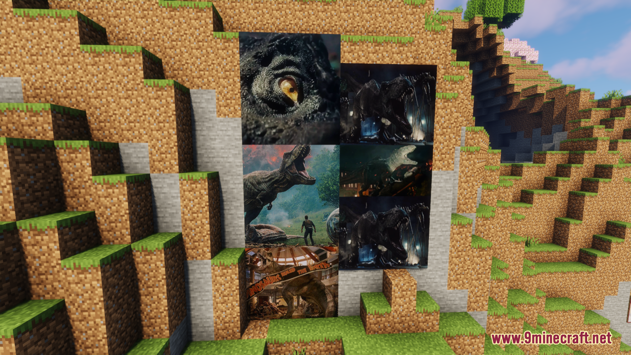 Dinosaur movie posters including a close up eye painting on a Minecraft cliff