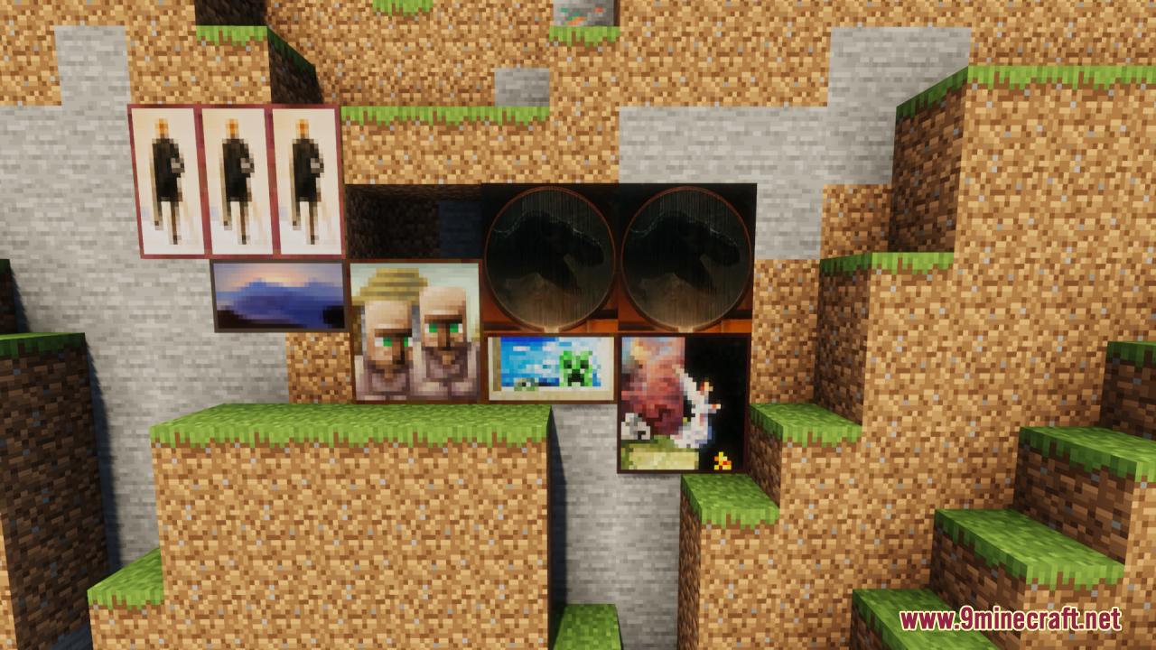 Jurassic movie paintings and dinosaur artwork displayed on a dirt and stone wall