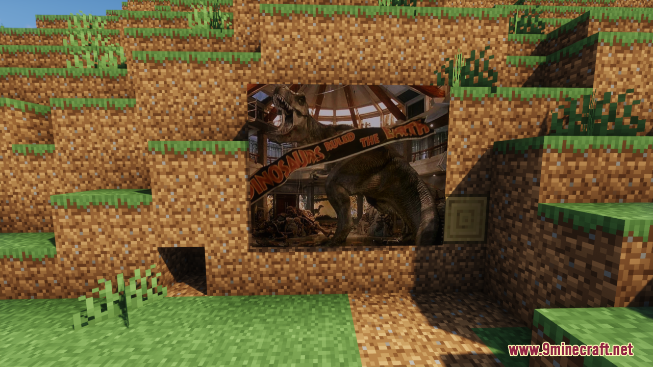A Tyrannosaurus Rex painting from Jurassic Park displayed on a Minecraft wall