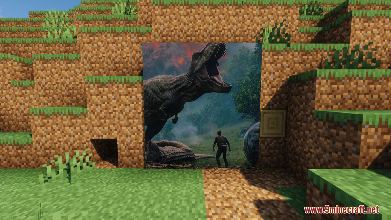 A large painting of a dinosaur roaring at a man in Minecraft