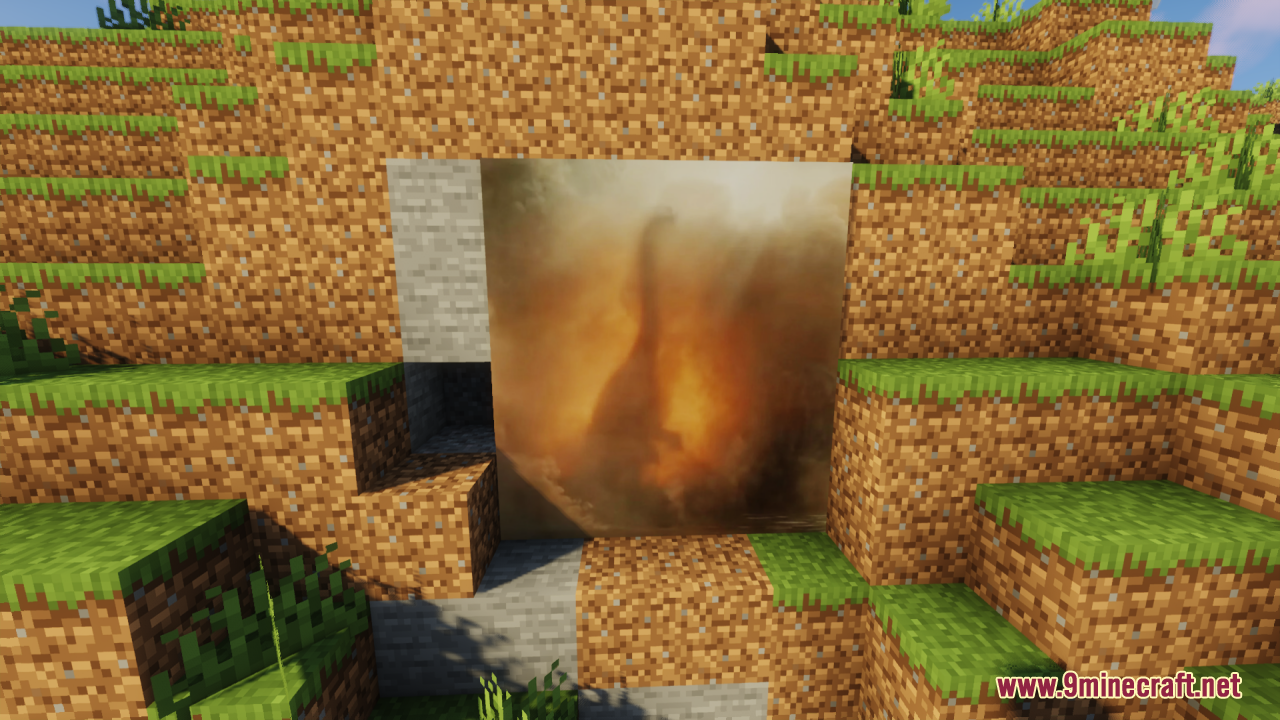 A painting of a dinosaur silhouette in a smoky orange sky in Minecraft