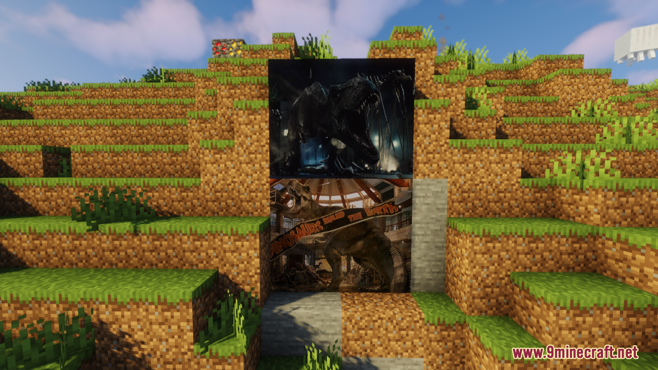 Large dinosaur paintings from the Jurassic movies displayed on a Minecraft dirt wall