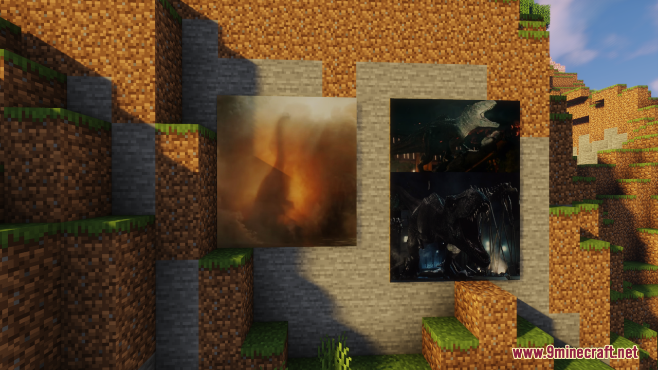 Dinosaur movie scenes shown as paintings on a stone wall in Minecraft