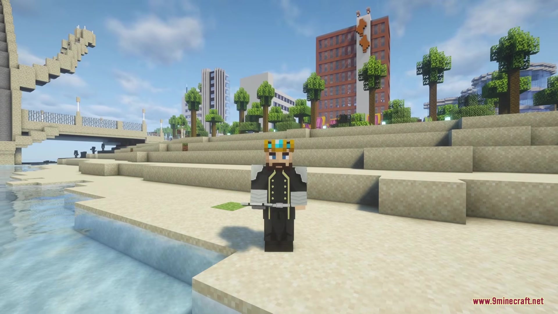 Kaiju Kraft Mod Screenshot 1 A Minecraft player wearing a crown and black uniform stands on a city beach