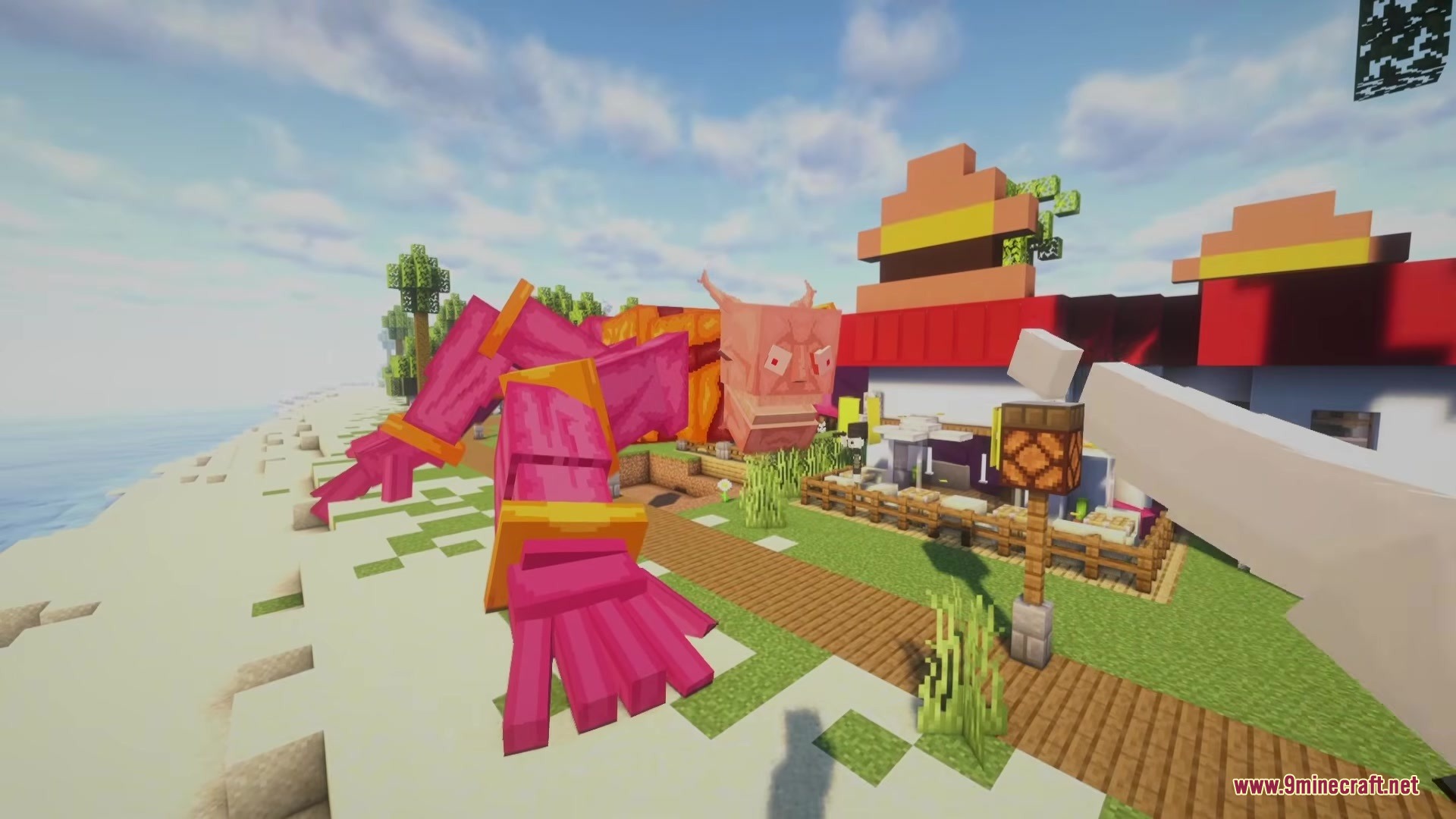 Kaiju Kraft Mod Screenshot 3 A giant pink monster from the Kaiju Kraft mod stands on a beach