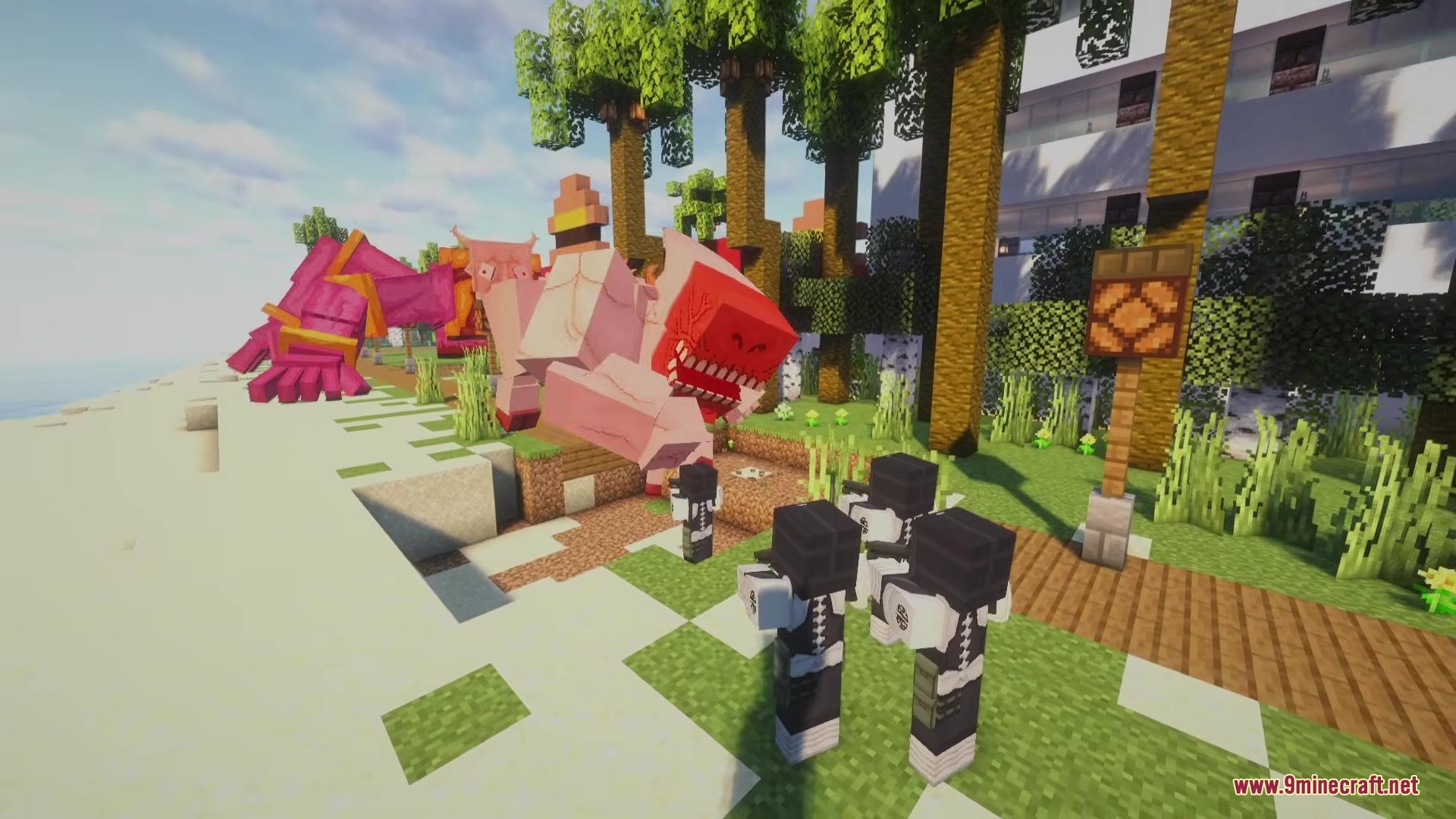 Kaiju Kraft Mod Screenshot 4 Players wearing combat suits face a giant red monster and a pink Kaiju