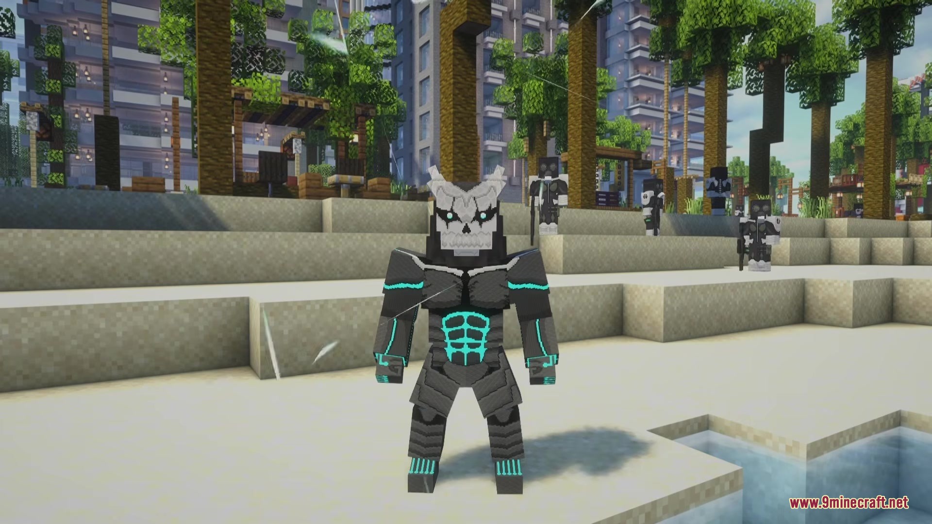 Kaiju Kraft Mod Screenshot 5 A player wearing a Kaiju No 8 combat suit stands on a beach