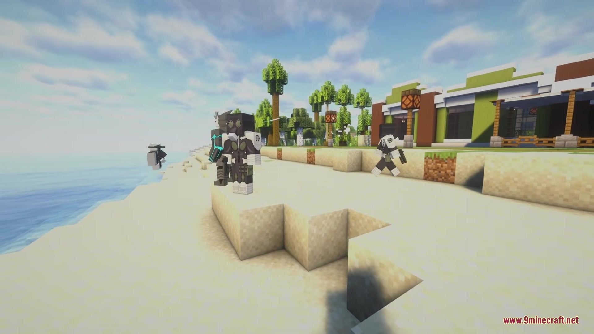 Kaiju Kraft Mod Screenshot 6 A character wearing a combat suit walks along a sunny tropical beach