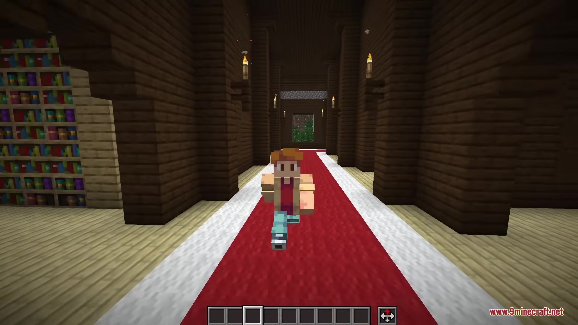 A Minecraft player runs down a long hallway with a red carpet