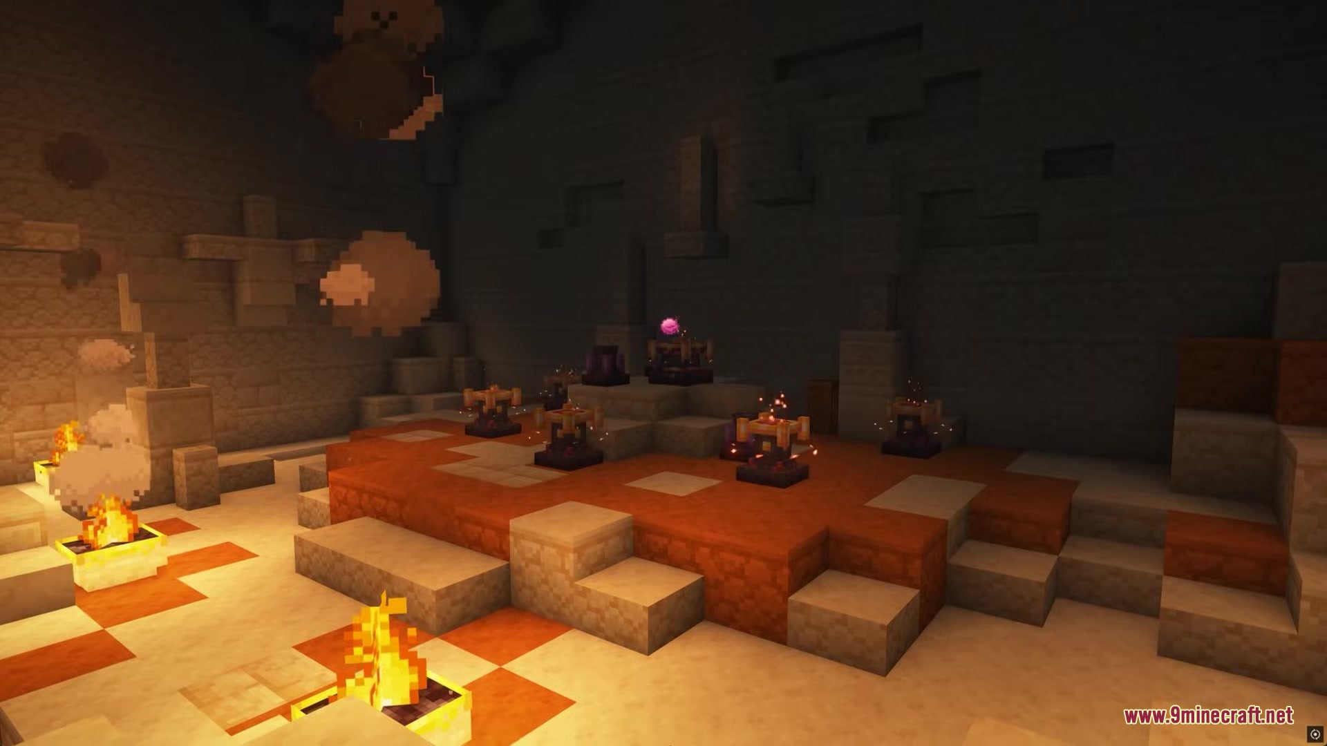 Kilt Mod Screenshot 1 Magical pedestals with a floating pink orb inside a dark stone cave
