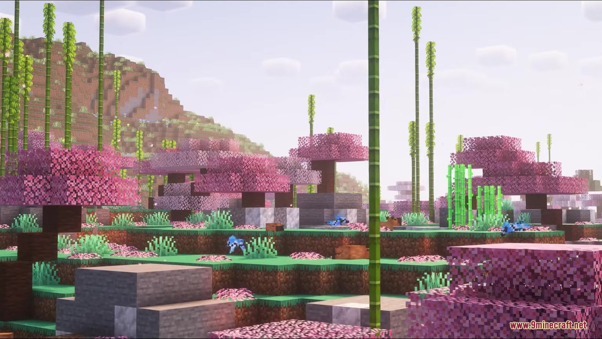 Kilt Mod Screenshot 2 Vibrant landscape featuring pink cherry blossom trees tall bamboo and blue birds